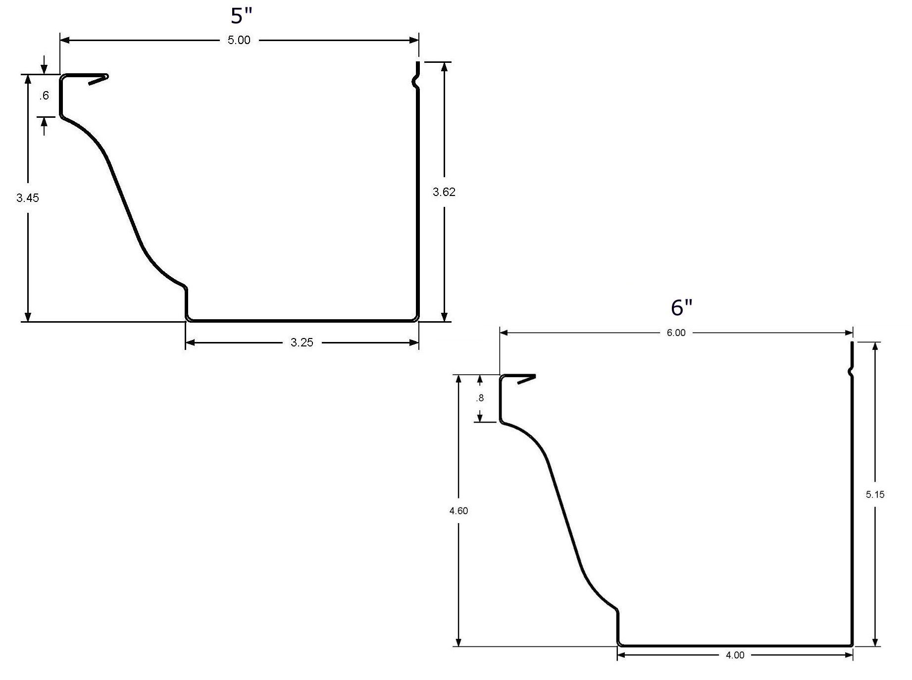 line drawing with measurements comparison between 5" and 6" gutter