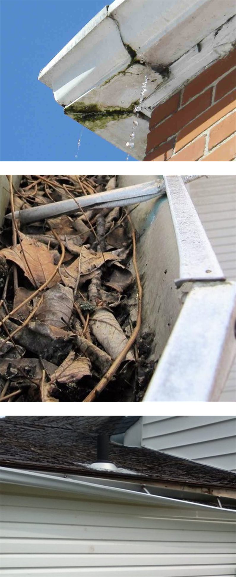 collage of 3 photos including cracked eavestrough dripping water, gutter with seams separated filled with leaves, and eavestrough sagging and falling off fascia