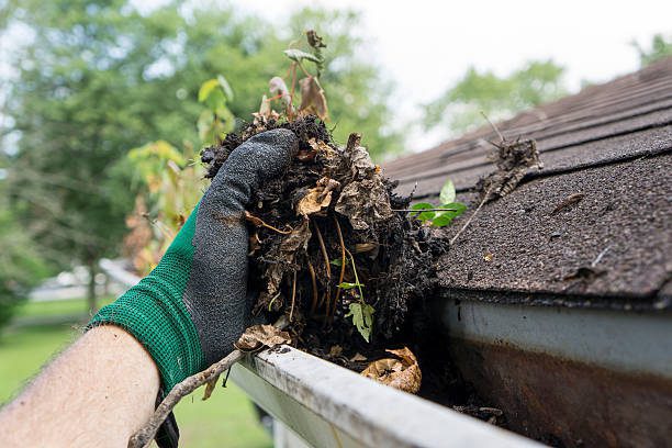 gloved hand cleaning large clog of debris in gutter preventable with gutter guard