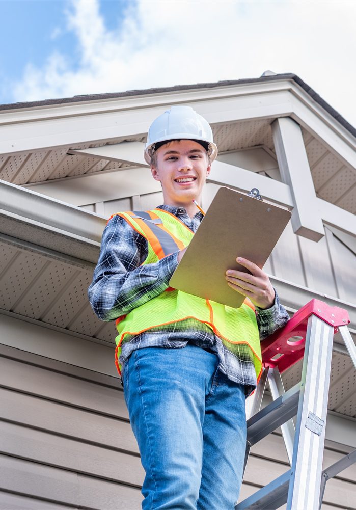 free gutter inspection performed by man on ladder holding clipboard