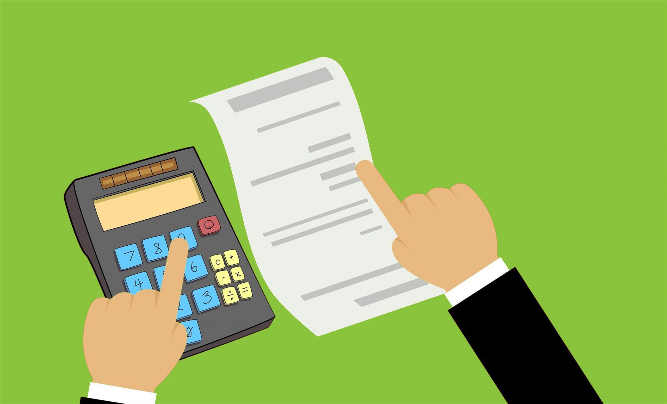 Illustration of one hand typing numbers into calculator and other hand pointing at written document or estimate to prepare quote