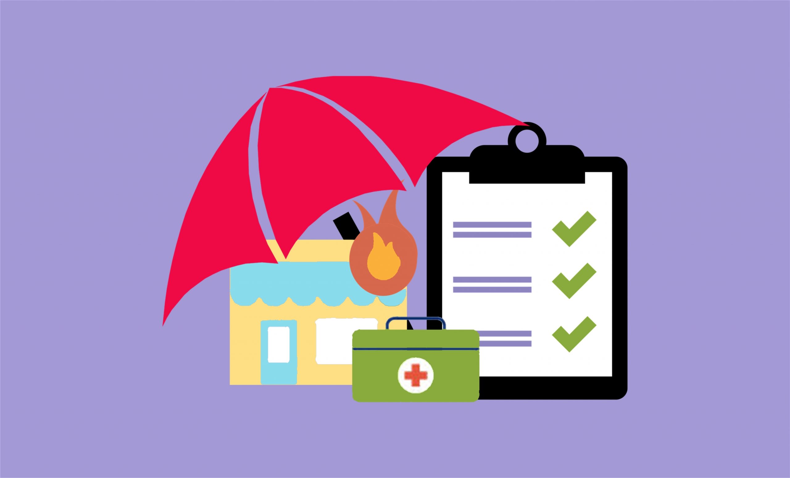 Illustration of umbrella over top of a building with a flame and a first aid kit beside a clipboard to indicate liability and workers’ insurance