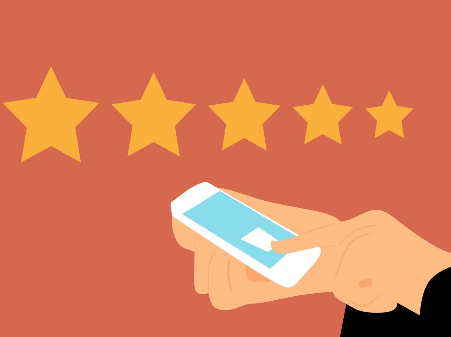 Illustration of hands holding a mobile phone pressing the screen with 5 gold stars above